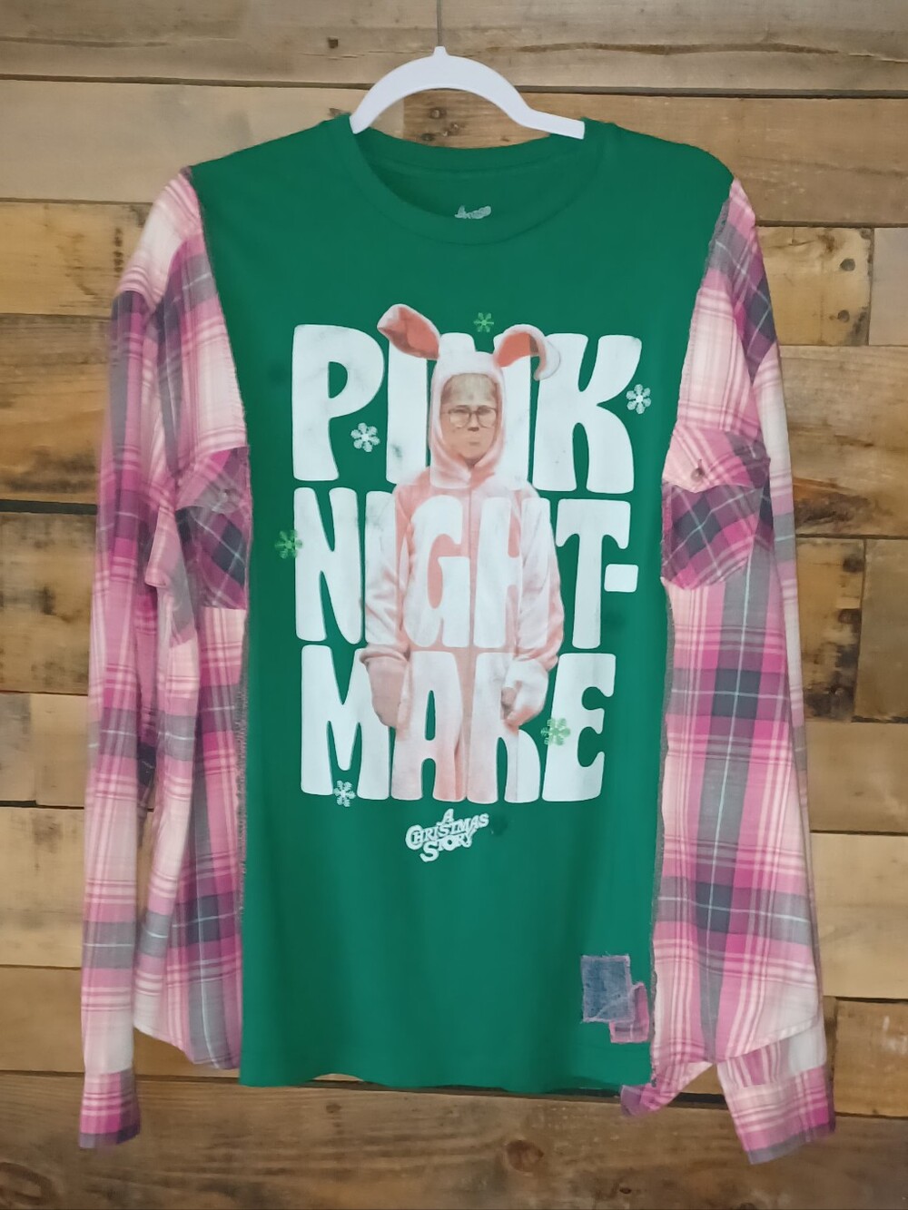 Upcycled Green "Pink Nightmare" Graphic Shirt with Pink Plaid Sleeves
